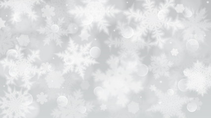 Christmas illustration with white blurred snowflakes, glare and sparkles on gray background
