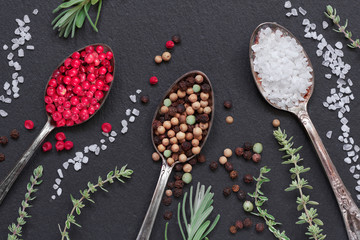 Herbs with salt and pepper in spoons on black slate stone background, top view, flat lay
