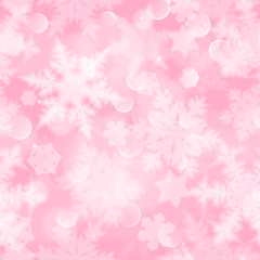 Naklejka na ściany i meble Christmas seamless pattern with white blurred snowflakes, glare and sparkles on pink background