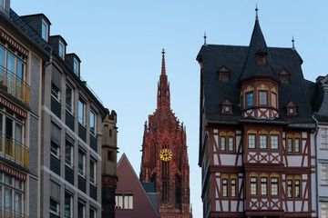 Naklejka premium Historic center of Frankfurt am Main with the Clock tower Cathedral in the background. the Frankfurt Romerberg square Old city historic center, Hesse, Germany