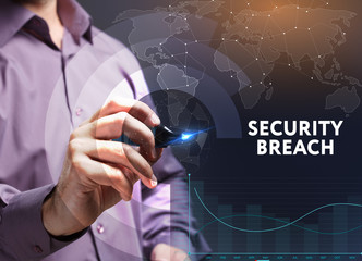 The concept of business, technology, the Internet and the network. A young entrepreneur working on a virtual screen of the future and sees the inscription: Security breach