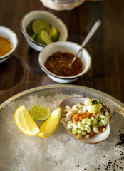 Seafood on ice base in restaurant.