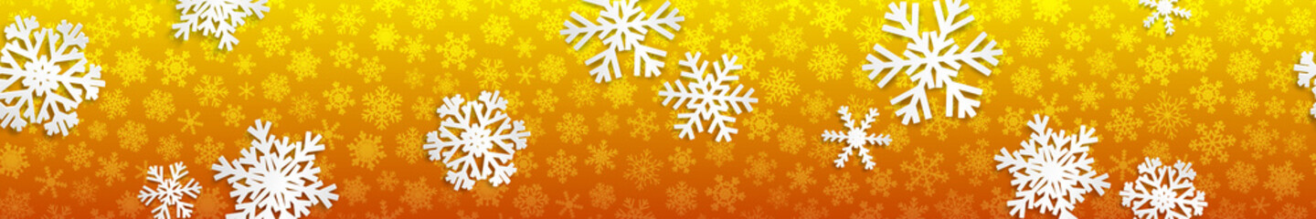 Fototapeta na wymiar Christmas seamless banner with white snowflakes with shadows on yellow background