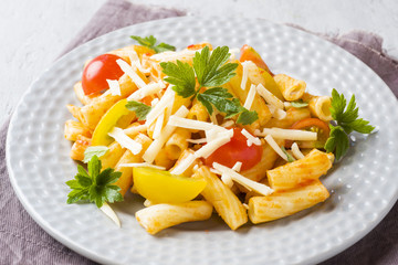 Macaroni, pasta in tomato sauce and cheese in a plate on a wooden table