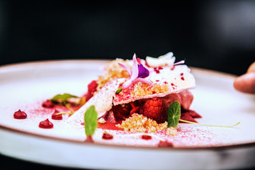 Modern food stylist decorating meal for presentation in restaurant. Closeup of food stylish. Restaurant serving