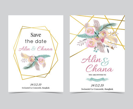 Geometry gold wedding invitation card with flower,leaf,ribbon,wreath and frame