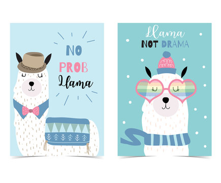Blue hand drawn cute card with llama, heart glasses and hat in winter.Llama not drama