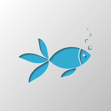 Fish with bubbles icon. Paper design. Cutted symbol with shadow