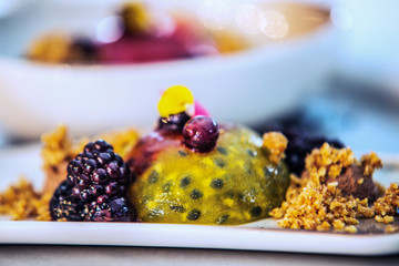 Modern food stylist decorating meal for presentation in restaurant. Closeup of food stylish. Restaurant serving
