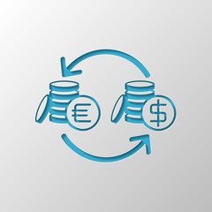 change money icon. Paper design. Cutted symbol with shadow