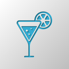 cocktail with lemon slice icon. Paper design. Cutted symbol with