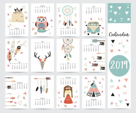 Chic monthly calendar 2019 with tent,whale,feather,arrow,dreamcatcher,girl,van and wild in boho and bohemian style