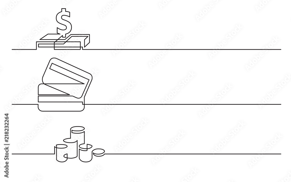 Wall mural banner design - continuous line drawing of business icons: dollar sign, credit cards, money coins