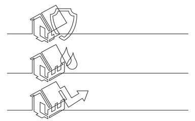 banner design - continuous line drawing of business icons: home protection, water damage, house value growth