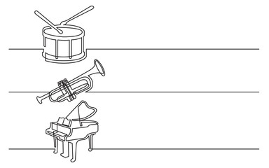 banner design - continuous line drawing of business icons: drum with drumstick, trumpet and grand piano