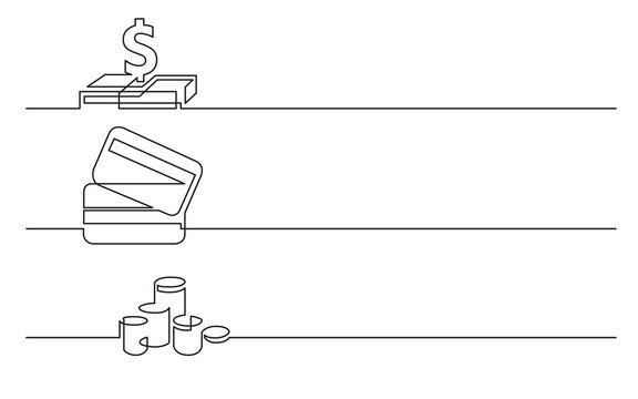 banner design - continuous line drawing of business icons: dollar sign, credit cards, money coins