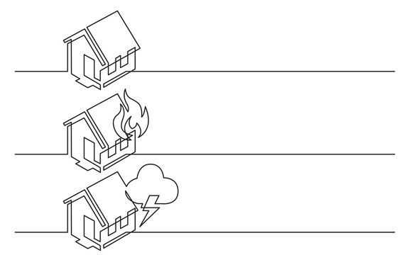 Banner Design - Continuous Line Drawing Of Business Icons: Home Symbol, Fire, House Damage