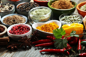 Spices and herbs on table. Food and cuisine ingredients.