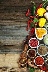 Spices and herbs on table. Food and cuisine ingredients.