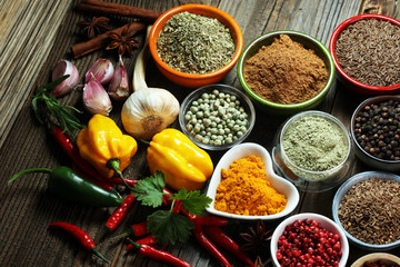 Spices and herbs on table. Food and cuisine ingredients.