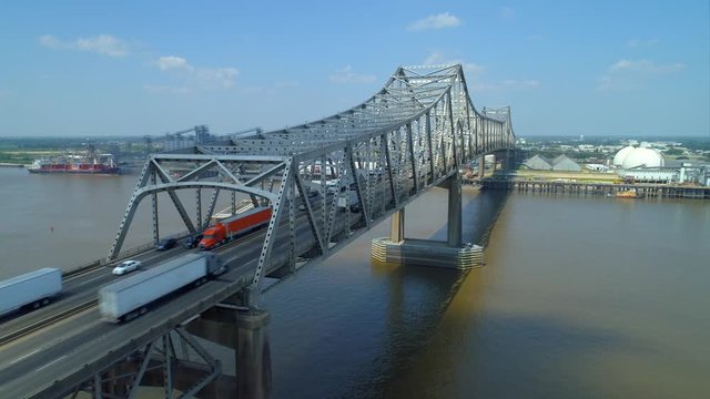 Aerial old metal bridge Mississippi River 4k 24p