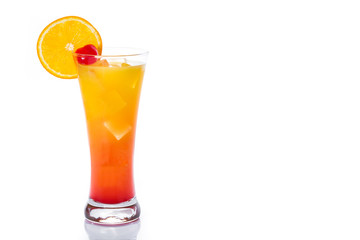 Tequila sunrise cocktail isolated on white background. Copyspace


