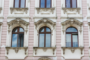 A beautiful, decorated facade of a tenement house in the  Lodz, Poland