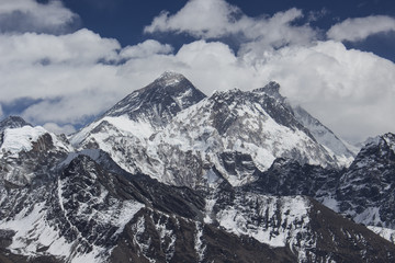 Fototapeta na wymiar A view of the highest mountains on Earth, Mount Everest and Lhotse from the summit of Gokyo Ri, Khumbu region, Nepal, Himalaya. High himalayan mountain landscape, glaciers and big rock walls.
