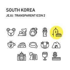 jeju island with line transparent design, south korea including teddy bear museum, yougduam rock, haenyeo, suwolbong, soingook, osulloc, glasscastle, jeju airport, manjang cave, mountain halla, cheonj