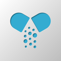 Open pill icon. Paper design. Cutted symbol with shadow
