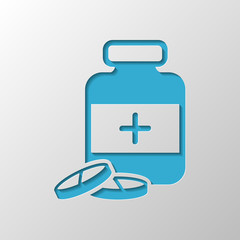 Obraz premium Pills and medicine bottle. Paper design. Cutted symbol with shad