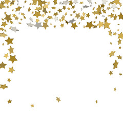 Obraz na płótnie Canvas 3d gold frame or border of random scatter golden stars on white background. Design element for festive banner, birthday and greeting card, postcard, wedding invitation. Vector illustration