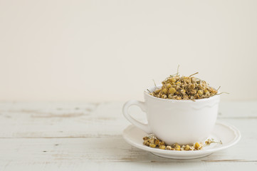 Obraz na płótnie Canvas Background with white tea cup filled with dried chamomile flowers. Healthy herbs