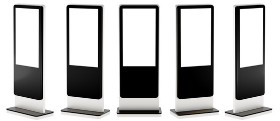 Vertical information display. It is located at different angles.  3D rendering. City Format mock up isolated on white background.