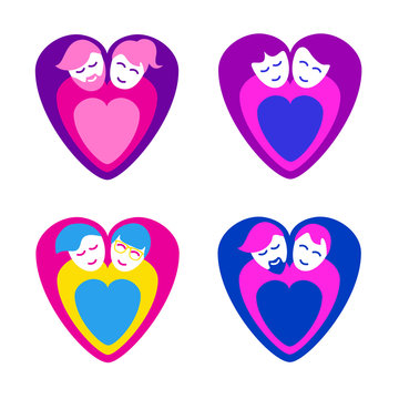 Loving couples as heart symbols, heterosexual and LGBT