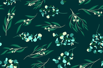 Fototapeta na wymiar Eucalyptus Vector Seamless Pattern with Leaves, Branches and Floral Elements. Elegant Cute Background for Rustic Wedding Design, Fabric, Textile, Dress. Eucalyptus Vector in Vintage Style for Print.