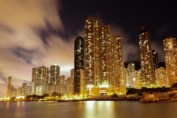 Hong Kong Night and Reflections in Harbor