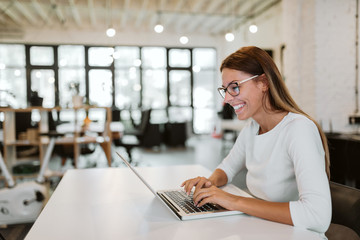 Gorgeous young woman using laptop in bright office. Close-up.