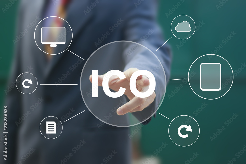 Poster businessman on blurred background using ico initial coin offering interface network.