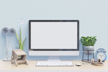 Workspace mockup desk with desktop computer with house plant and office supplies, 3D Rendering