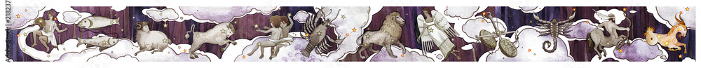 Wall mural set of twelve signs of the zodiac with main capricorn, watercolor in retro style in line design. iso