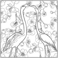 Flamingo in fantasy flower garden. Outline hand drawing. Good for coloring page for the adult coloring book. Stock vector illustration.