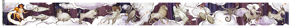 Wall mural set of twelve signs of the zodiac with main aquarius, watercolor in retro style in line design. isol