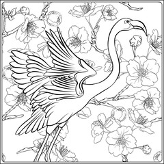 Flamingo in fantasy flower garden. Outline hand drawing. Good for coloring page for the adult coloring book. Stock vector illustration.