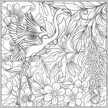 Flamingo in fantasy flower garden. Outline hand drawing. Good for coloring page for the adult coloring book. Stock vector illustration.