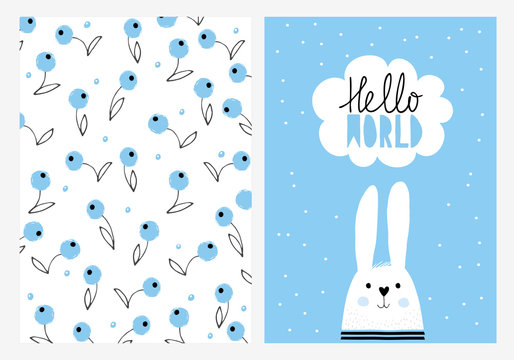 Hello World, White Cute Rabbit. Hand Drawn Baby Shower Vector Illustration Set. White Speech Bubble, Blue Backround. Blueberries, White Background.
