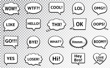 Speech bubbles set with short messages: yes, cool, omg, wow, hello, bye, and other.