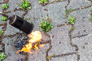 Unkrautvernichtung durch Propangasbrenner bei Gehwegen und Parkplätzen