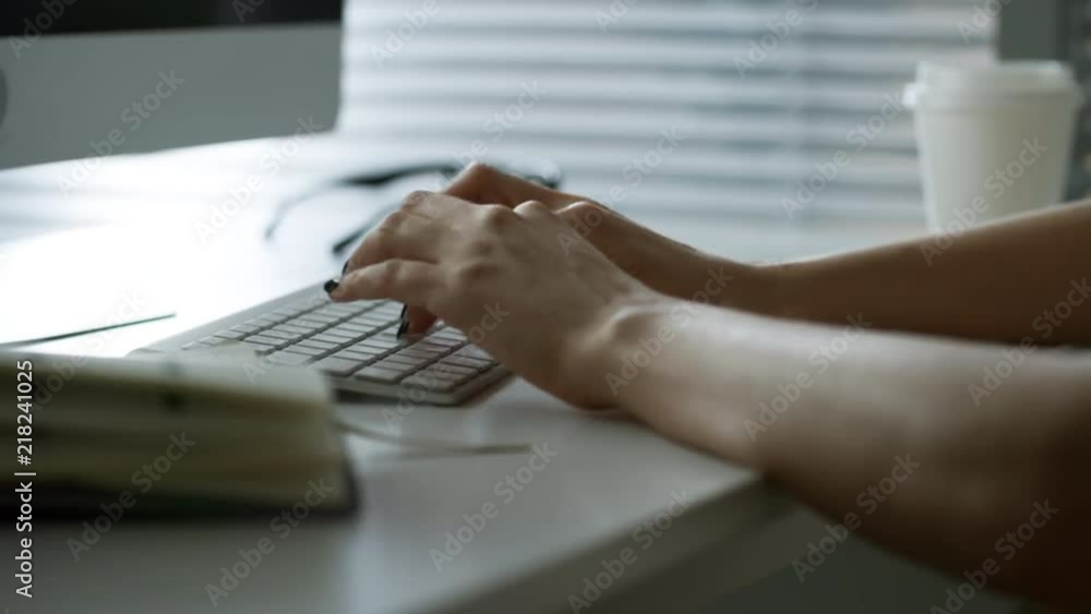 Poster close up hands of unrecognizable caucasian woman typing emails to business partners or clients on de