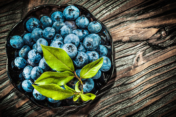 Fresh huckleberries on vintage plate